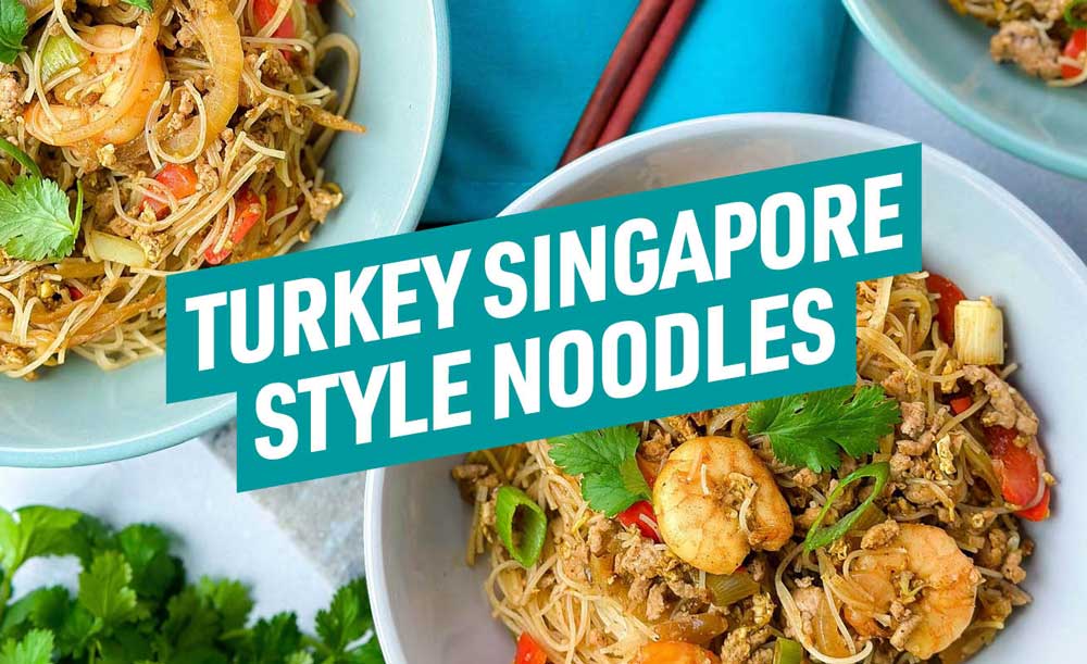 These turkey Singapore style noodles are a quick and easy go to meal that tastes like it should be a staple in your weekly meal planning.